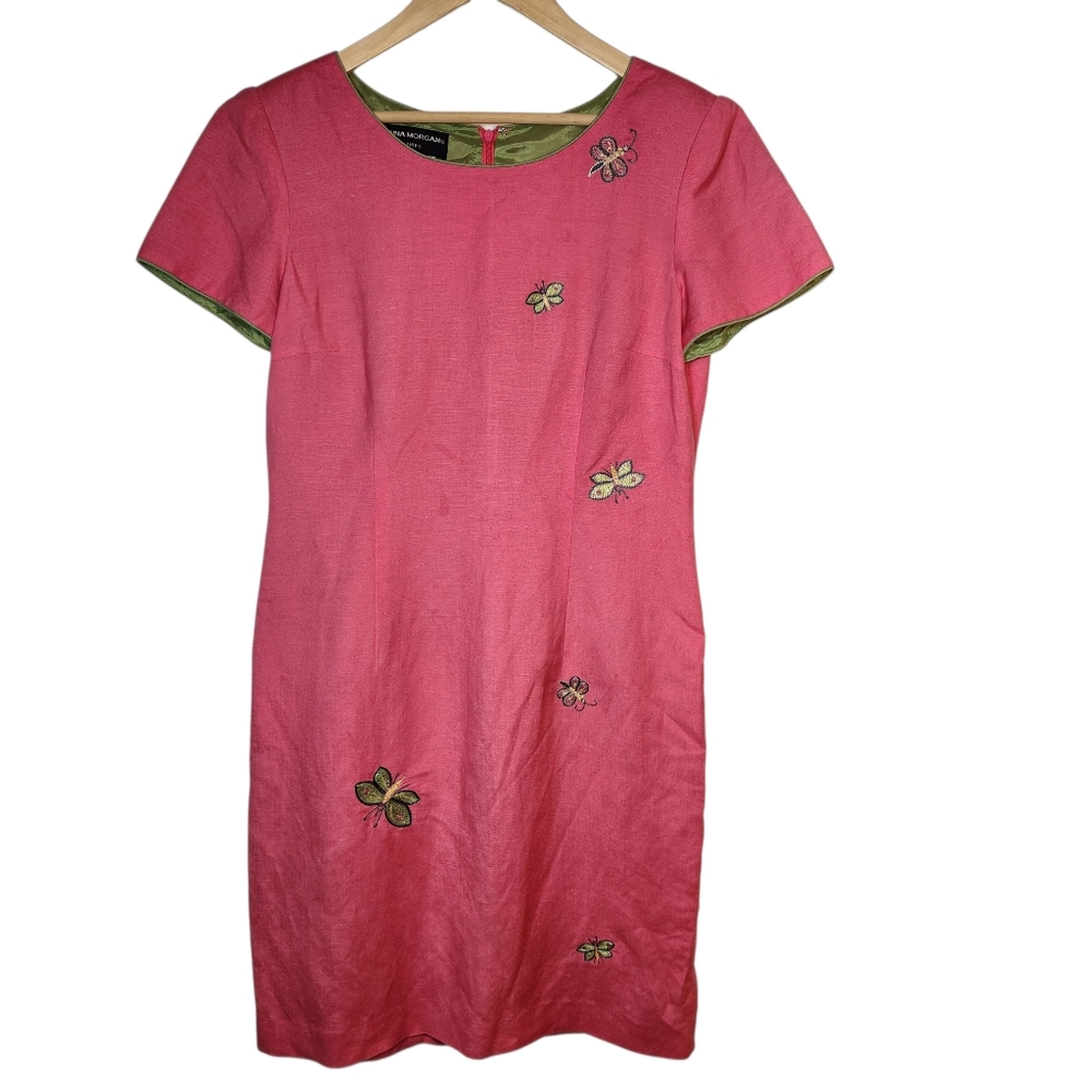 Vintage 90s Pink Linen Dress Embroidered Butterfly Bugs Shoulder Pads Garden 10
